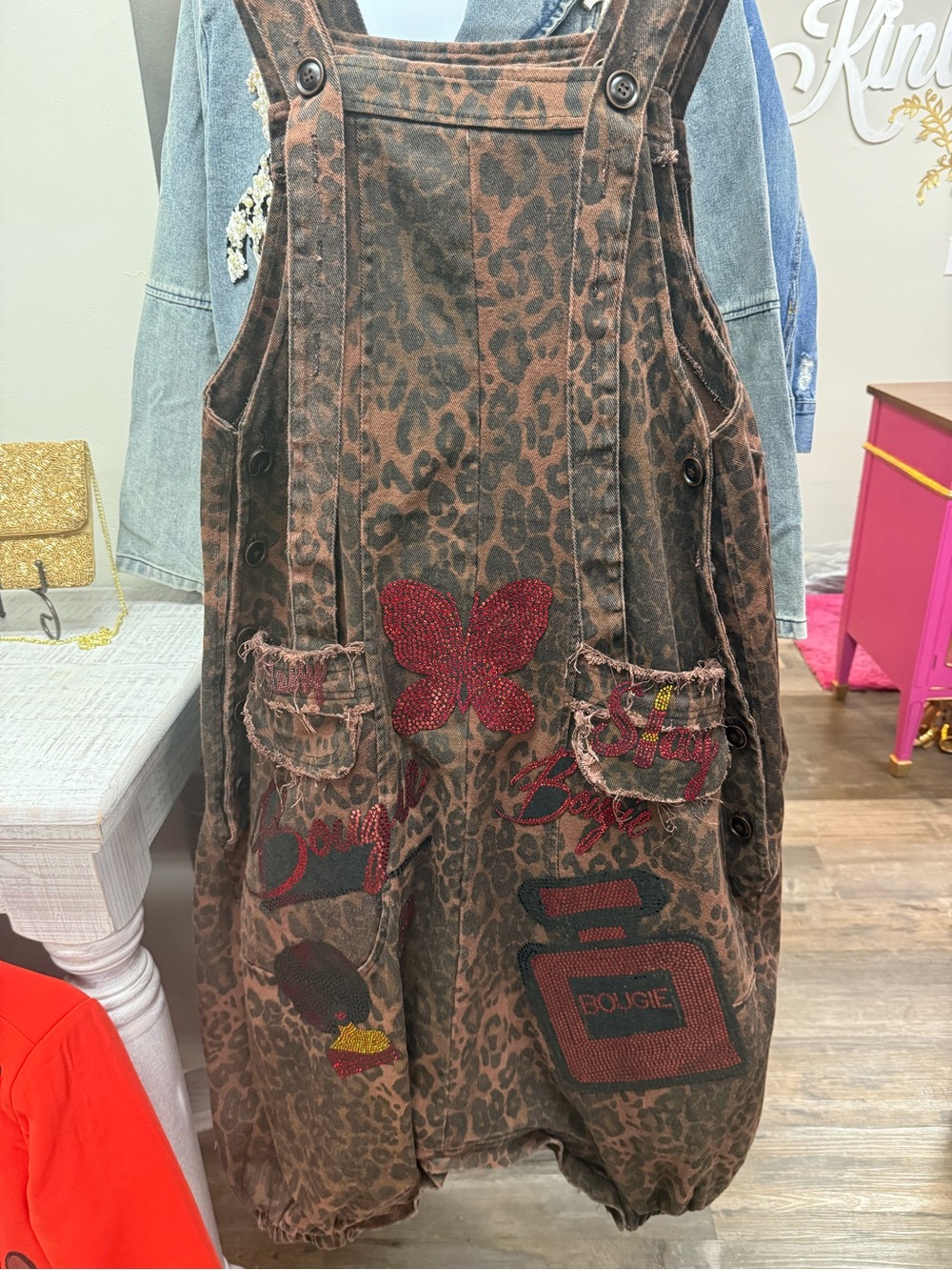 Leopard-Print Brown Denim Overalls Dress with Red Butterfly Accent